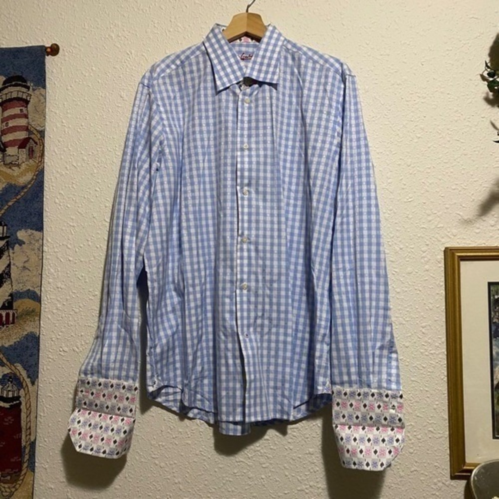 Robert Graham mens‎ gingham button down shirt flip cuff deck of cards JL 42 16.5